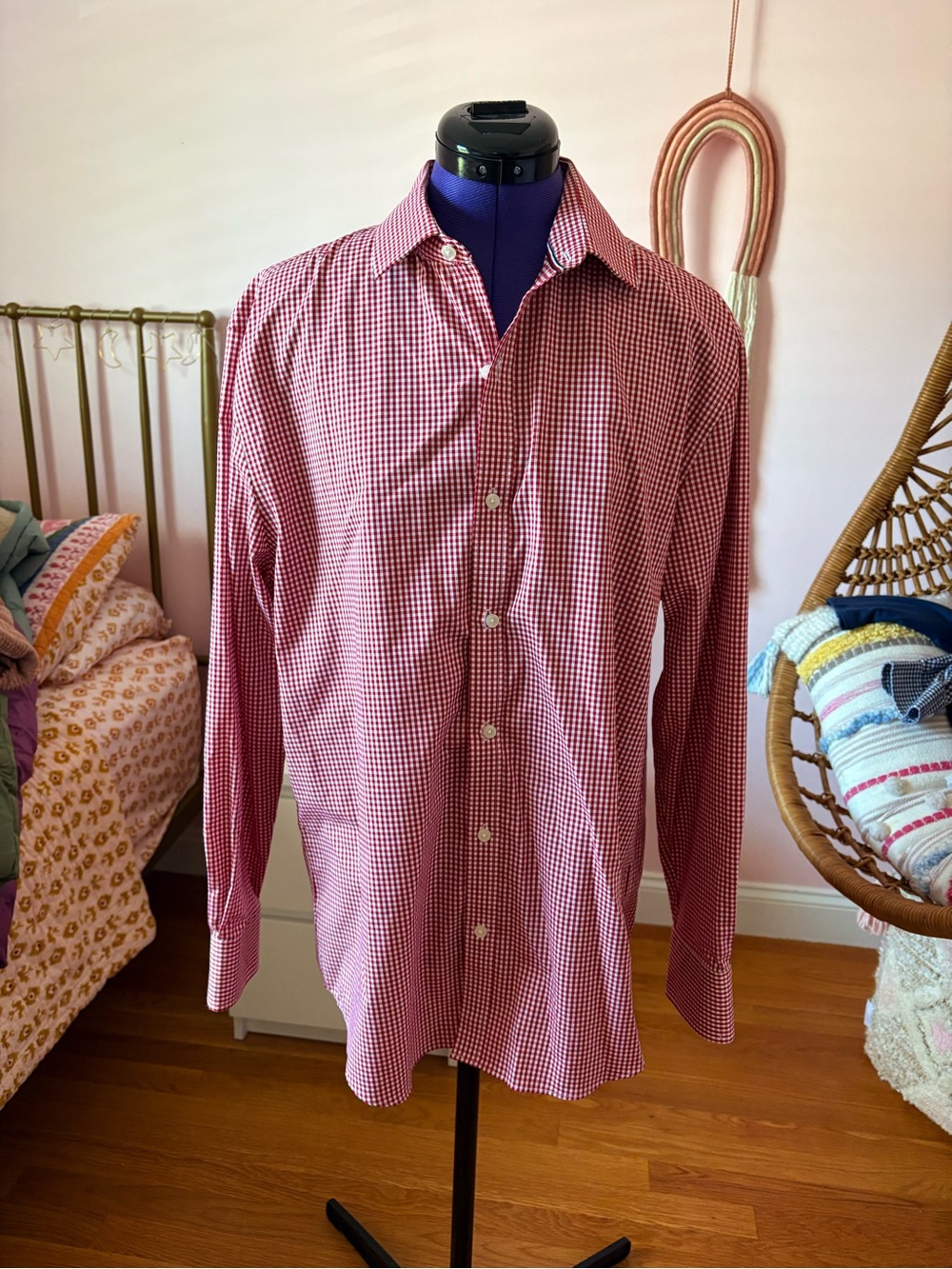 Tommy Hilfiger Red and White Gingham Button-Down Shirt.  16.5 32/33 Stretch Fit